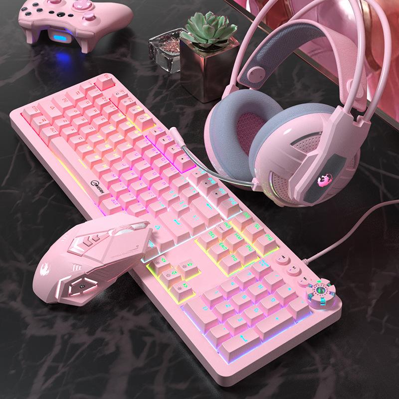 

Cute pink Real mechanical green axis with dynamic backlight game home office USB wired keyboard mouse headset three-piece set