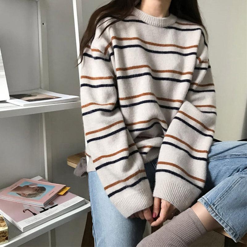 

Autumn and winter women's T-neck sweater women's Pullover striped sweater long sleeve knit top women, Blue