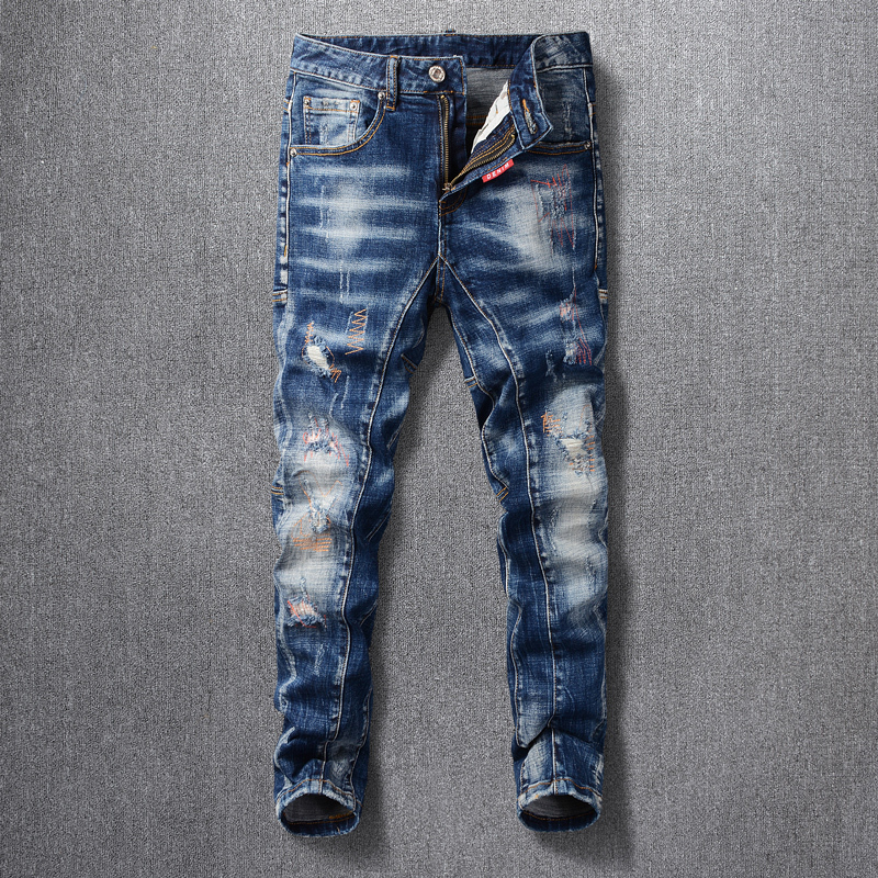 

2021 New Italian Style Fashion Men Jeans Retro Blue Destroyed Ripped Denim Pants High Quality Elastic Slim Fit Hip Hop Cotton Trousers Gc1c