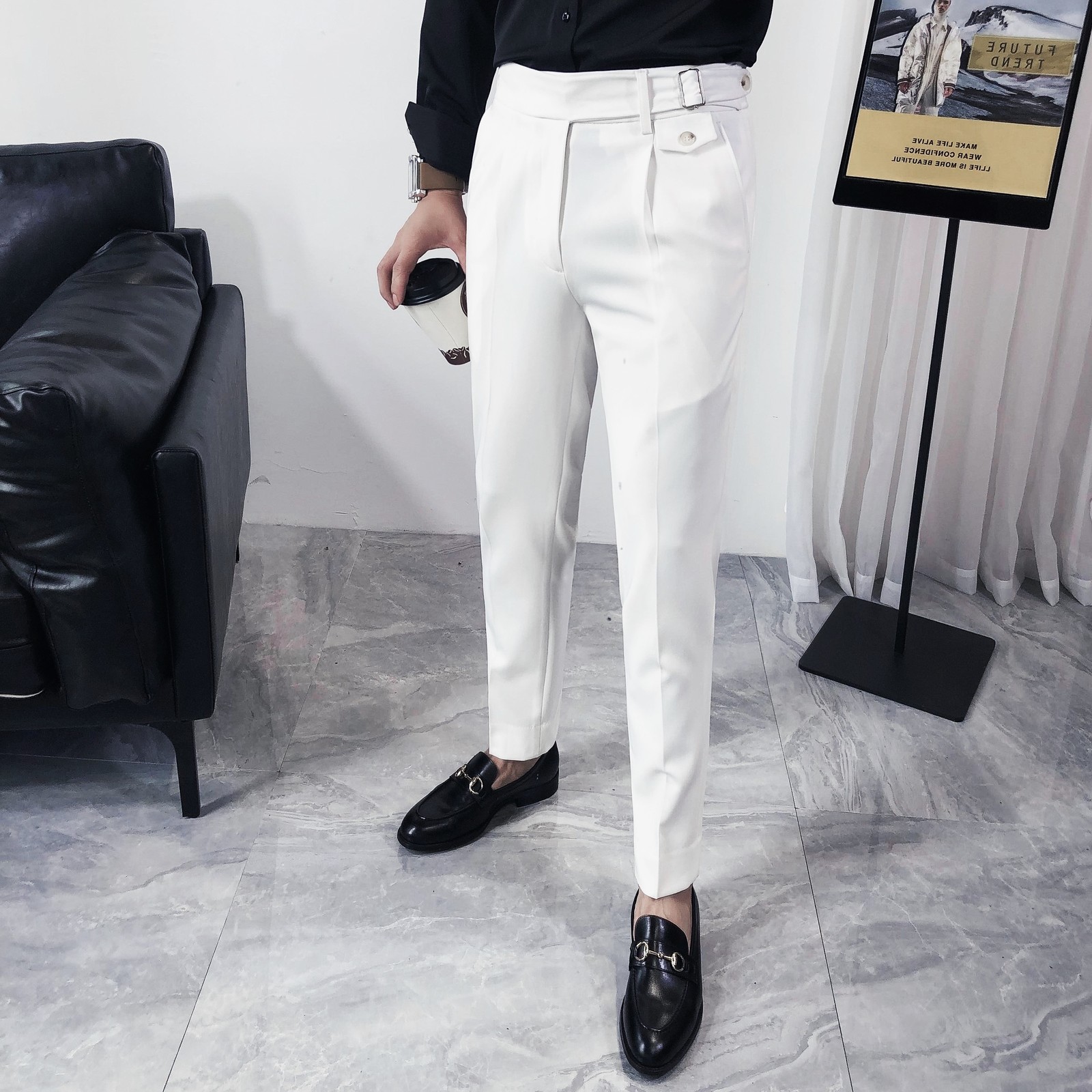 

2020 Style Autumn Korean Fashion All-match White Straight Fall Streetwear Male Casual Business Thin Pants Adjustment Ww81, Black