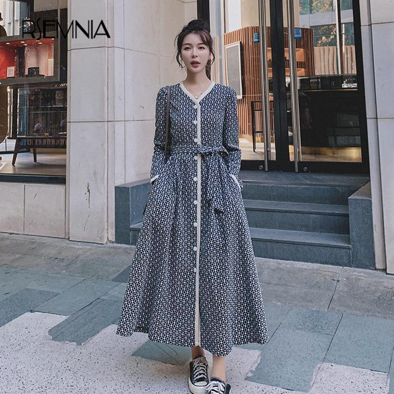 

2021 New Dressed French Female Sleeve Jacquard New Spring Decot v Fashion Single-breasted Retro More Dress Long 4u 90sg, Photo color