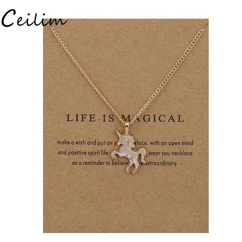 

New Golden Silver Horse Pendant Necklace Alloy Chain Pendant Chocker Necklace With Card Wholesale Jewelry Gift For Women Life Is Jwqow