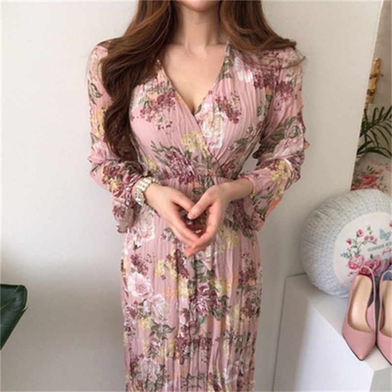 

2021 New Elegant V-neck Floral Printed Flare Sleeve A-line Female Chiffon Vintage Women Midi Vestidos A5oo, Pink