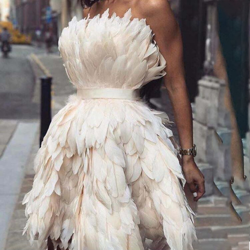 

MYYBLE Sexy Strapless Off the Shoulder Sleeveless Feather Mini Length Short Prom Dresses Party Gown, Beige