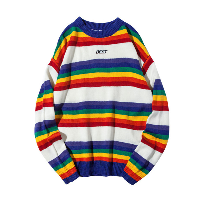 

2021 New Fashion Autumn Cotton Harajuku Retro Raiow Knitted Striped Mens Hip Hop Pullover Sweater Streetwear Male Ponv