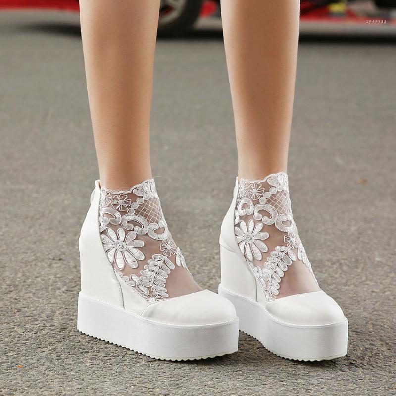

2021 spring sexy lace stitching round head breathable inner heightening single boots wedge high heel casual women's single shoes1, Black