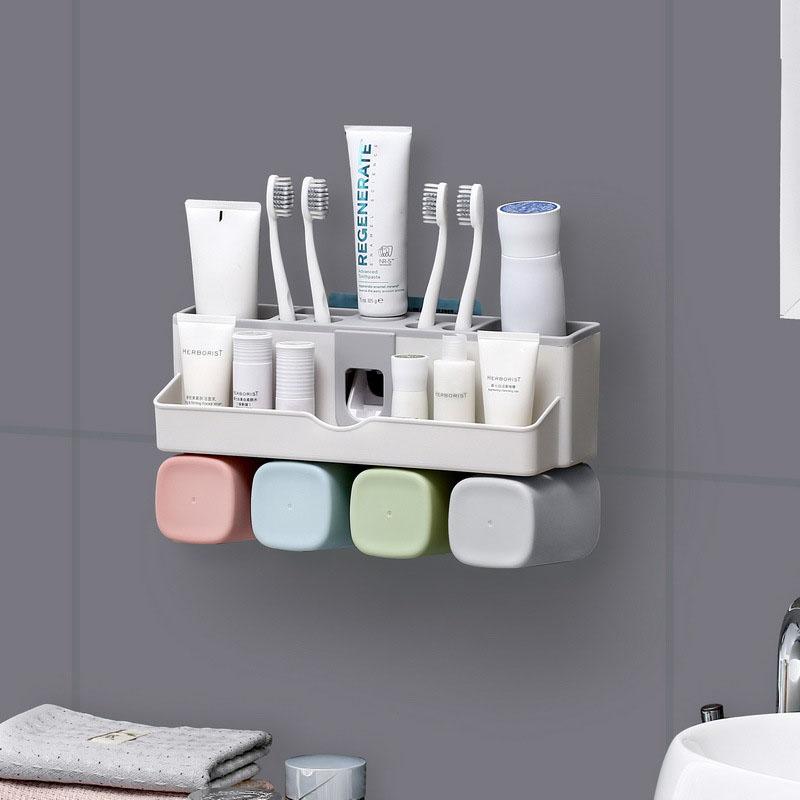 

Bathroom Set 4pcs Toothbrush Holder Automatic Toothpaste Dispenser Holder Toothbrush Wall Mount Cup Bath Cleanser Storage Rack