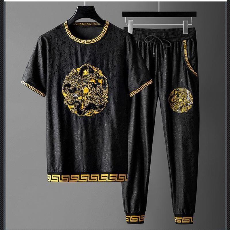 

New Chinese style summer show men's new dragon pattern short-sleeved trousers casual sports suit, Black