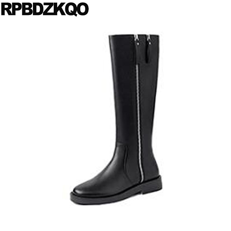

tall chunky women black fur shoes long trend knee high side zip boots riding equestrian round toe fall genuine leather quality