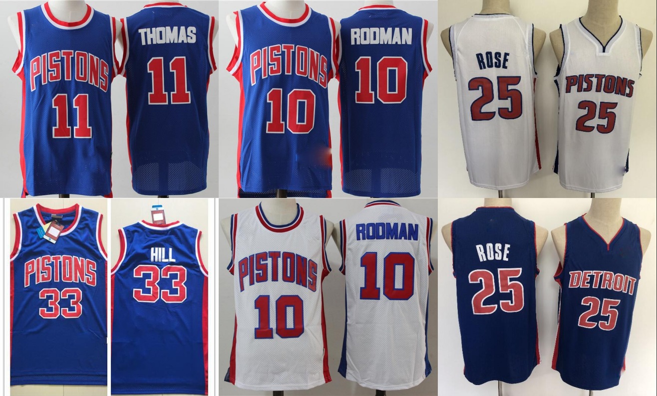 

Detroit Pistons Men Derrick Rose Grant Hill Dennis Rodman Isiah Thomas NBA Authentic Basketball Jersey, Black