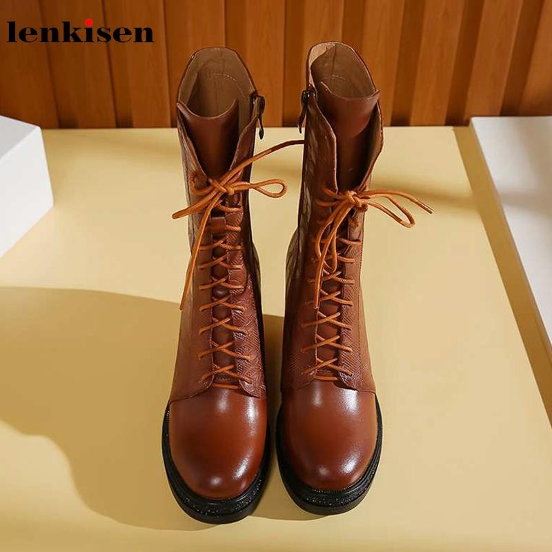 

Lenkisen soft cow leather print british height lncreasing side zipper lace up high heels winter warm women mid-calf boots L11, Black