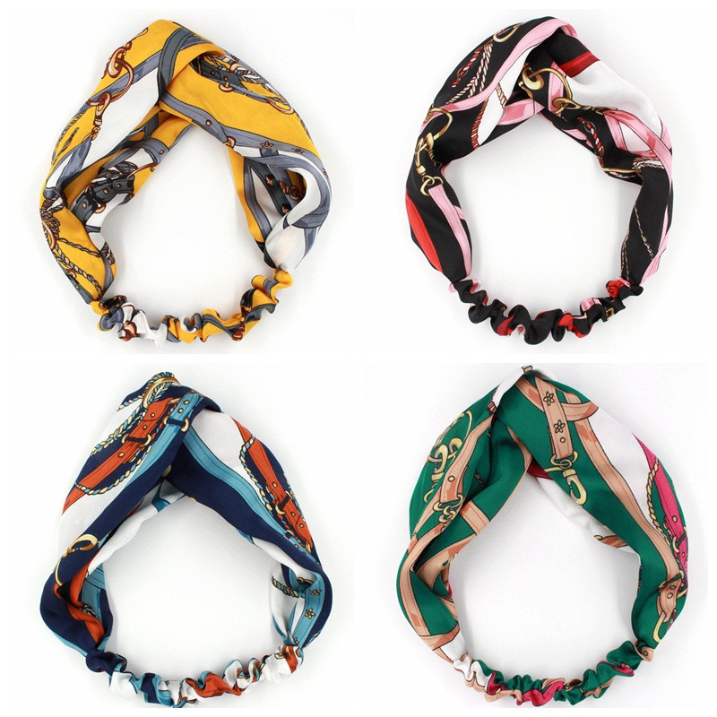

2021 NEW Chain Print Satin Headband Ladies Cross Elastic Hairband Sports Wash Face Chiffon Headband for Women Fashion Hair Accessories, Silver