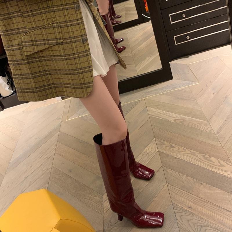 

Autumn/Winter 2020 Thigh-high Heel Rider Knee The High Boots Girl with Patent Leather Square Toe, Red