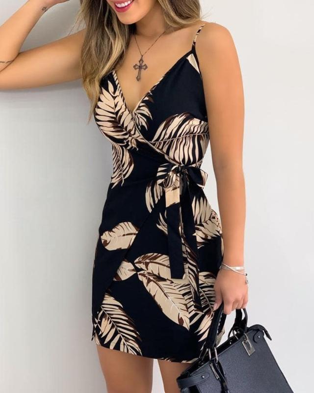 

V Neck Leaf Print Mini Summer Dress Women Spaghetti Strap Casual Holiday Beach Dress1, Black