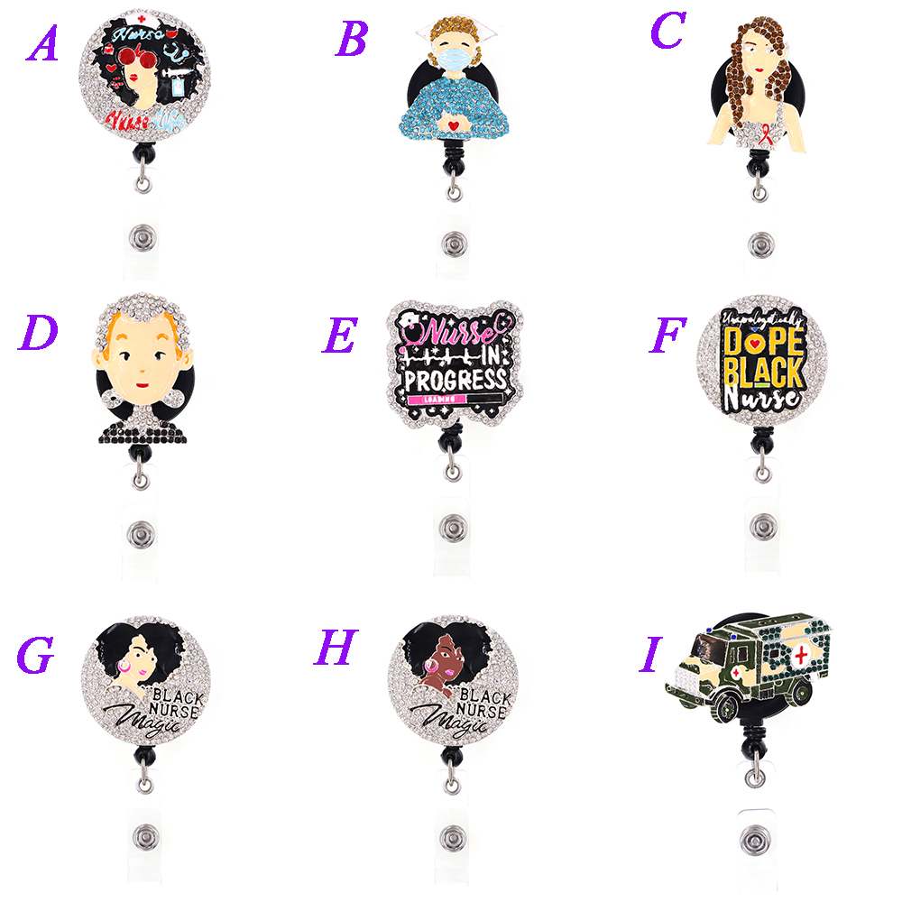 

1pc /5pcs /10pcs Cute Retractable Bling Crystal Ename Black Nurse Badge Reel Holder With Clip For Hospital