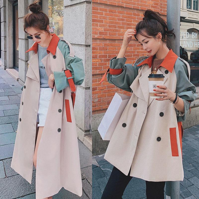 

Women' Trench Coats Spring Autumn Coat Long Sleeve Ladies Short Windbreaker Stitching Contrast Color Lapel Double Breasted High Quality Ove