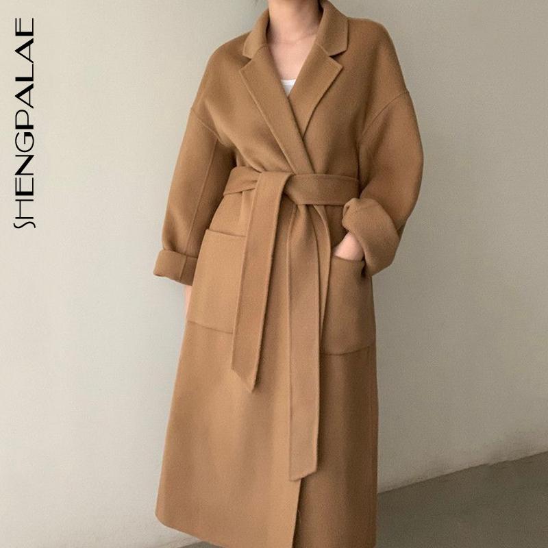 

SHENGPALAE 2020 Korea Chic Autumn Winter Women's Overcoat Suit Collar Large Pocket Long Sleeve Lace Up Waist Woolen Coat ZC138, Khaki
