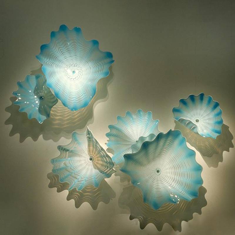 Aqua Blue Lamp Light Sea Style Art Decorative Plate Murano Glass Flower Plates Decor LED Wall-image-630127239