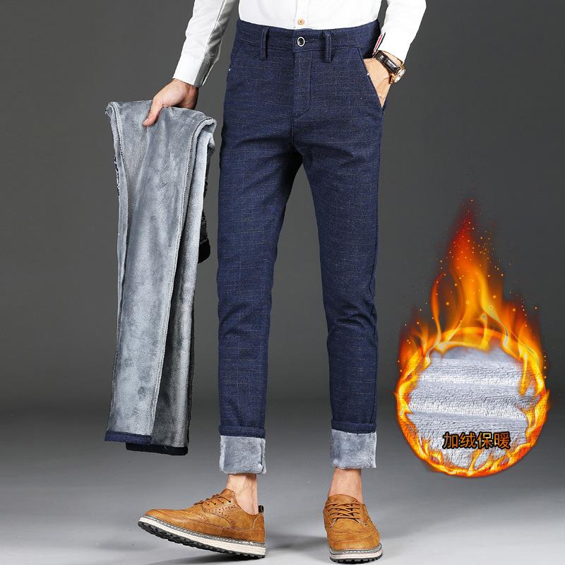 

Men Fleece Pants Men Middle-aged Trousers Winter Men's Plus Velvet Thick Warm Pants Male Slim Straight Suits Size 38, Black