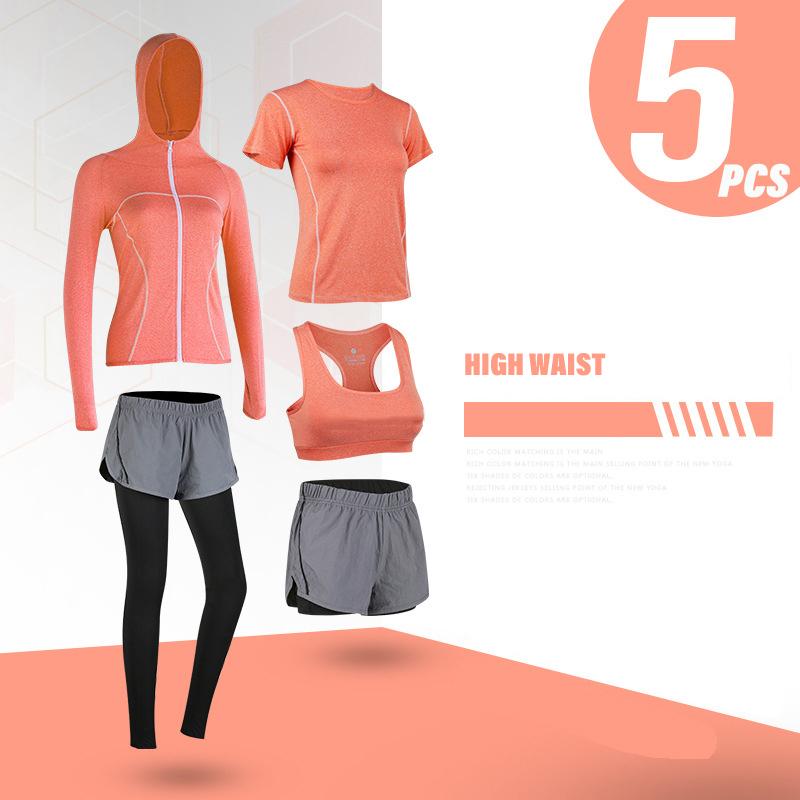

Sport Suit Women Jogging Fitness Clothes Tops Sport Bra Quick Dry Short-Sleeve Shorts Trousers 5 Piece Sportswear Yoga Tracksuit, 5 pcs grey