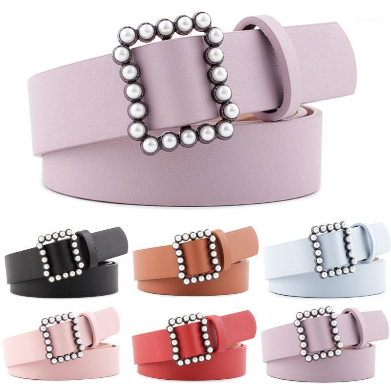 

Women Female Elegant Pearl Square Buckle Belt New Stylish Jeans Decoration BLTYN03461, White