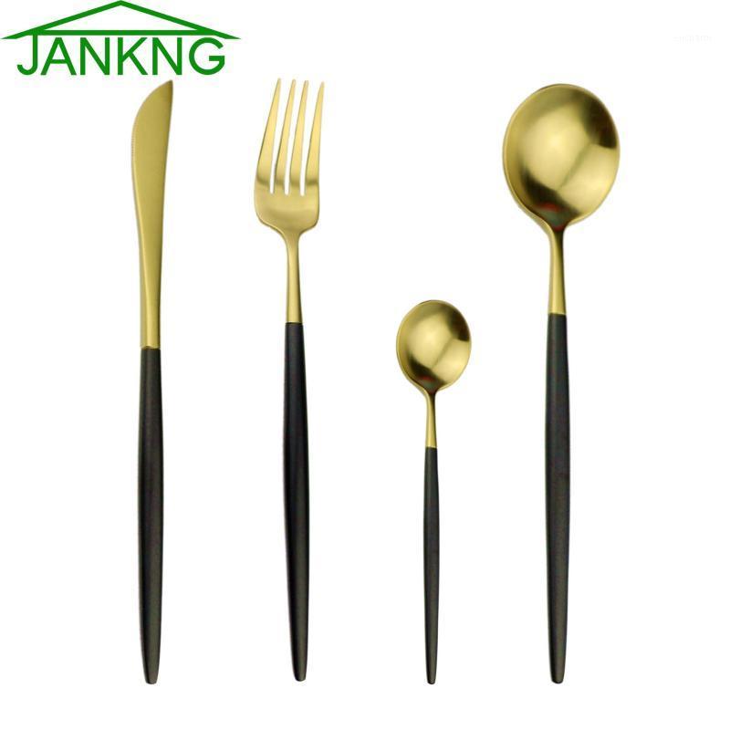 

JANKNG 4-Pcs 304 Stainless Steel Flatware Set Matte Black Gold Dinnerware Set Tableware Utensils Accessories Silverware Dropship1