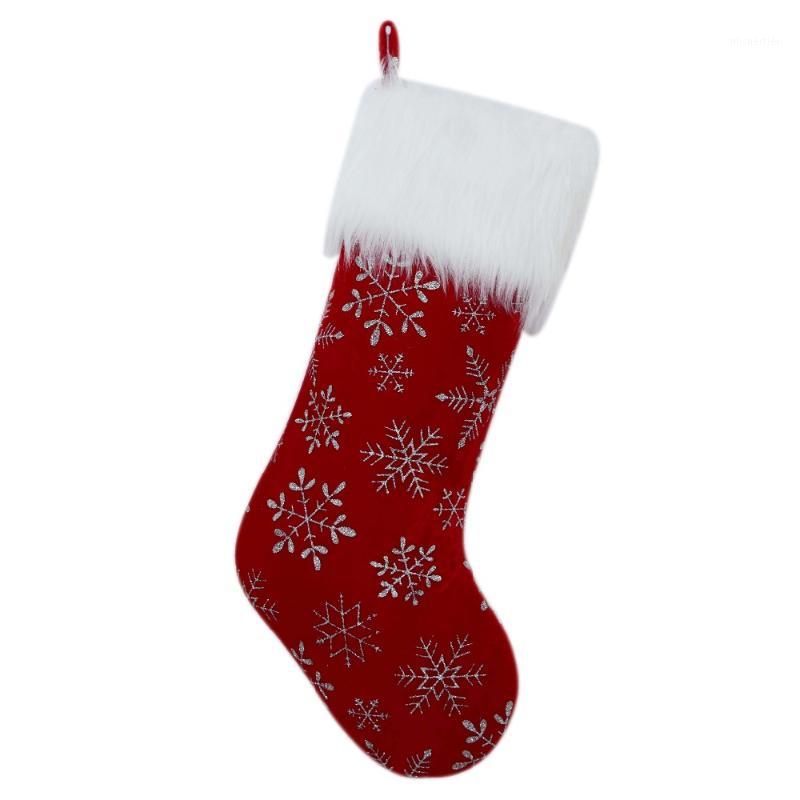 

New arrivel set of 2 pcs red Velvet design snowflake Glitter BlingBling Printed with white faux fur cuff Christmas stocking1