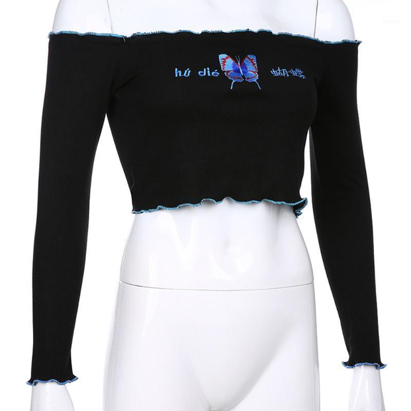 

Women Sexy Long Sleeve Off Shoulder Butterfly Embroidery Crop Top Ladies Fashion Tops1, Black