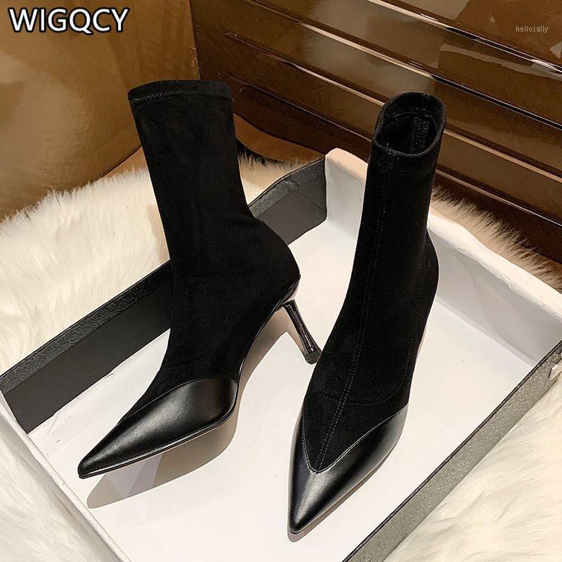 

2020 Autumn New Style Boots Women's Leather Stiletto High Heels Women's Front Zipper Fashion Mid-Tube Boots Shoes Woman1, Black 4cm