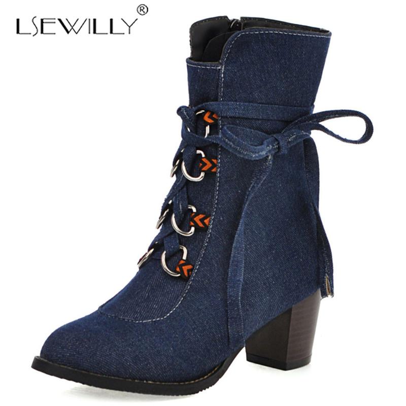 

Lsewilly Women Fashion Shoes Vintage Boots Thick High Heels Boots Denim Ankle Female Winter Warm Lace-up Shoes Botas K140, Purple