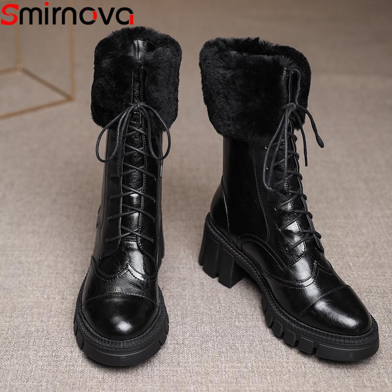 

Smirnova 2021 New Arrive Winter Genuine Leather Shoes Women Thick Heel Platform Boots Top Quality Ankle Boots For Women, Black with fur