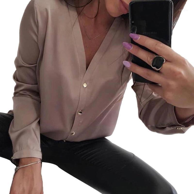 

Casual v Neck Women Tops And Blouse Ladies Long Sleeve Button Office Shirts 2020 Female Solid Autumn Blusas Mujer De Moda1, Khaki