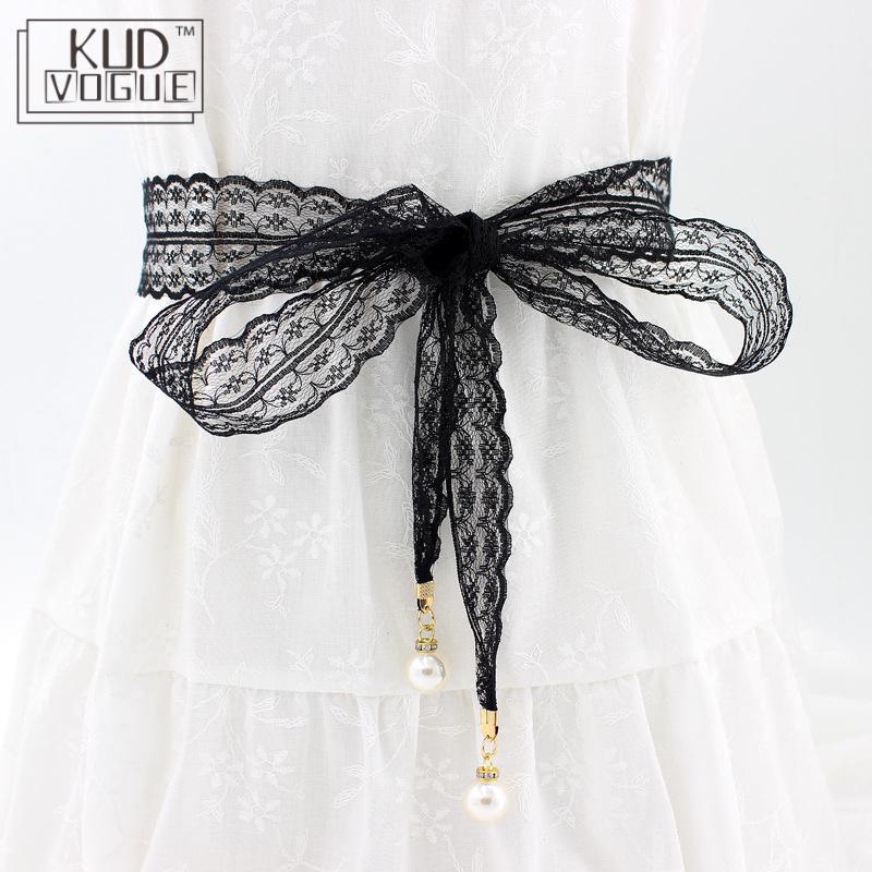 

Women Belt Long Waist Belt Lace Hollow Girdle Thin Pearl Rope For Dress Tassel Waistband Knot Decorated Narrow Ribbon Black
