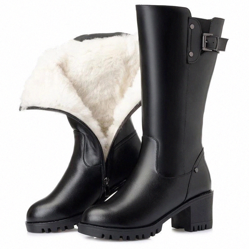 

Plus Size 35-42 Women Knee-High Boots Platform High Heels 2020 Winter Warm Plush Snow Shoes Buckle Booties botas mujer 8387N #cC74, Black