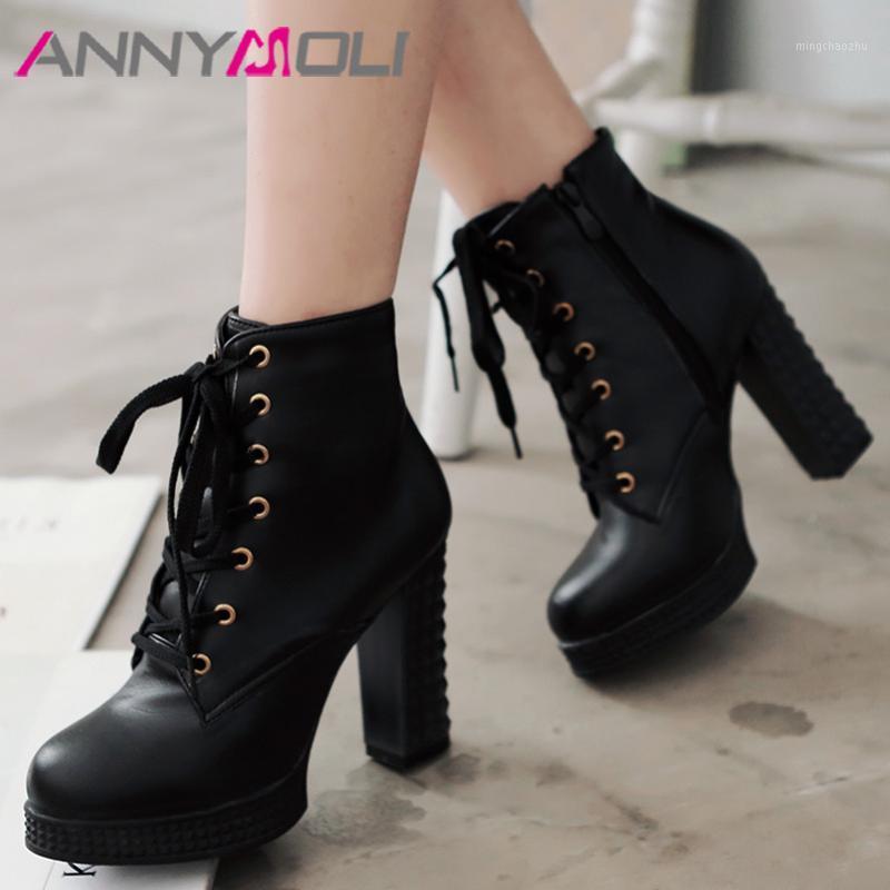 

ANNYMOLI Extreme High Heel Ankle Boots Woman Lace Up Platform Chunky Heel Shoes Zip Round Toe Female Short Boots Winter White1, Black
