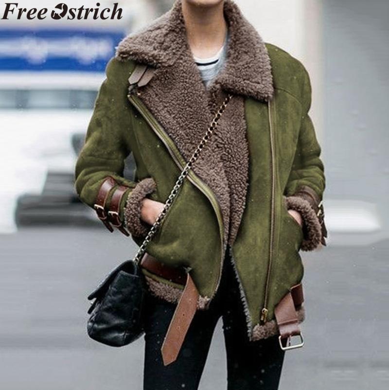 

Winter Plush Thickening Overcoats Women Motorcycle Jacket Long Sleeve Zipper Solid Color Warm Coats Fashion Plus Size Women Tops, Blue