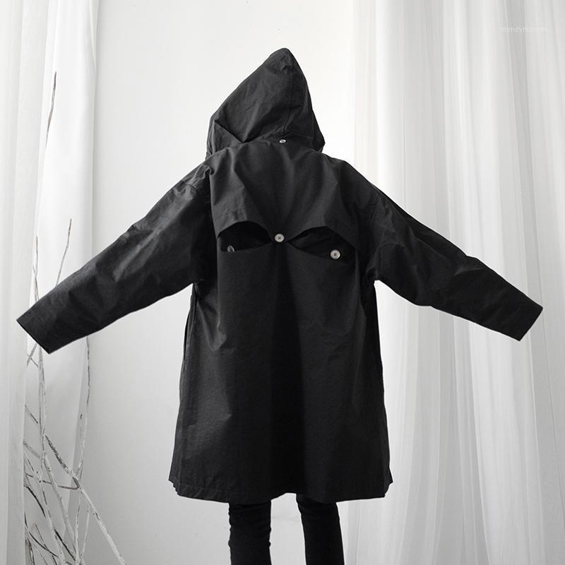 

Loose Women Back Button Hollow Out Big Size Trench New Hooded Long Sleeve Loose Fit Windbreaker Fashion Tide Spring 2020 1S246Q1, Black