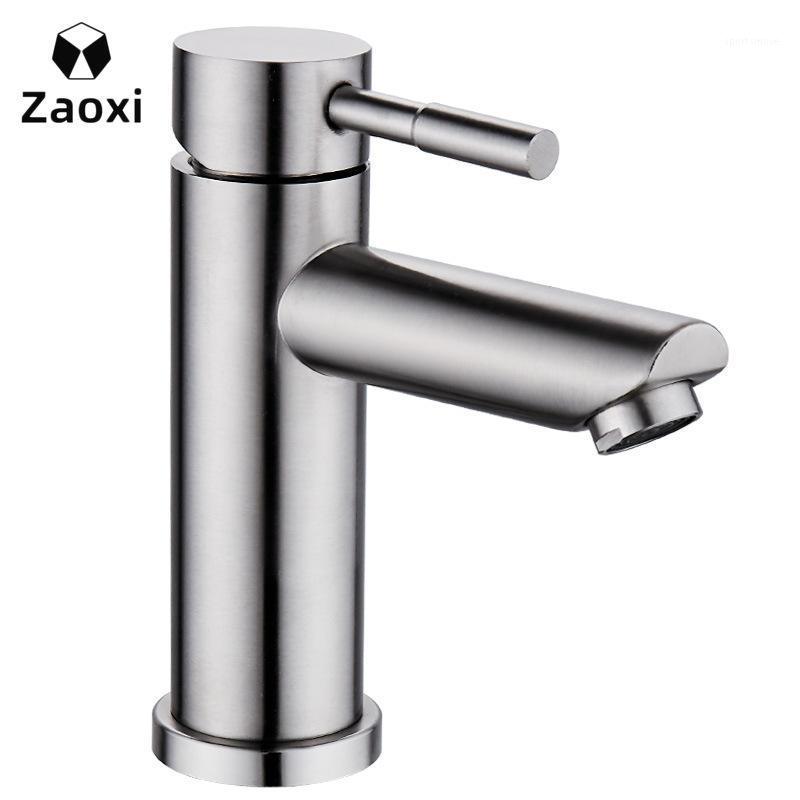 

ZAOXI 304 Stainless Steel Hand Wash Basin Faucet Single Handle Single Hole Wire Drawing Cold and Hot Ceramic Basin Faucet L3061