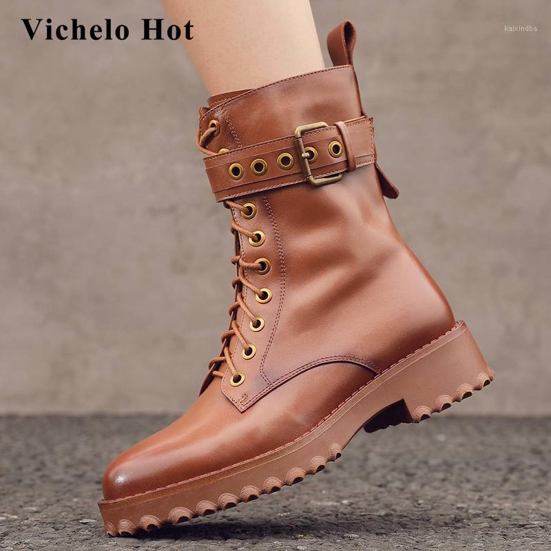 

Vichelo Hot motorcycle boots genuine leather buckle decorations big size round toe thick med heel zipper maiden ankle boots L8f91, Black