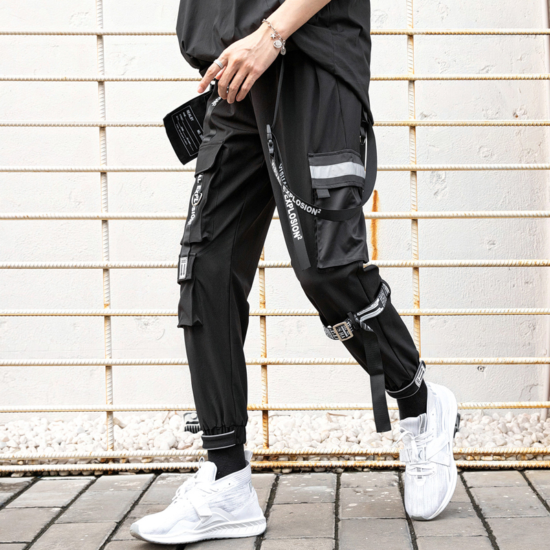 

2021 Pockets Full Patchwork Ribbons Punk-hip-hop Street Korean Bender Hallways Fashion Casual From Cargo Pants of Vintage Men Gra9, Black