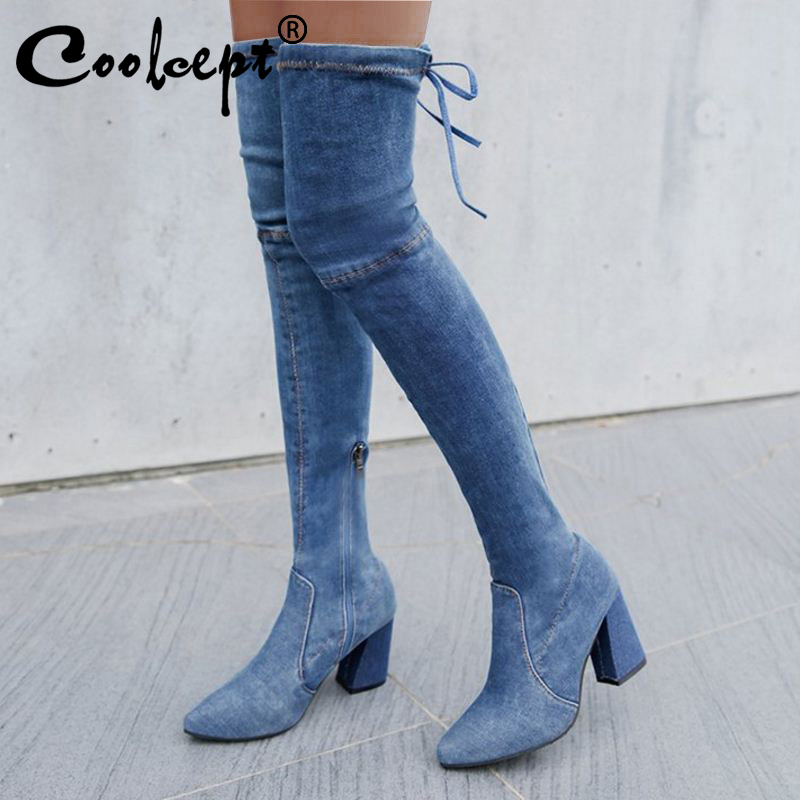

Coolcept Women Pointed Toe Fashion Blue Boots High Quality Office Ladies Winter Boots Over The Knee Sexy Botas Size 35-40, Dark blue 1