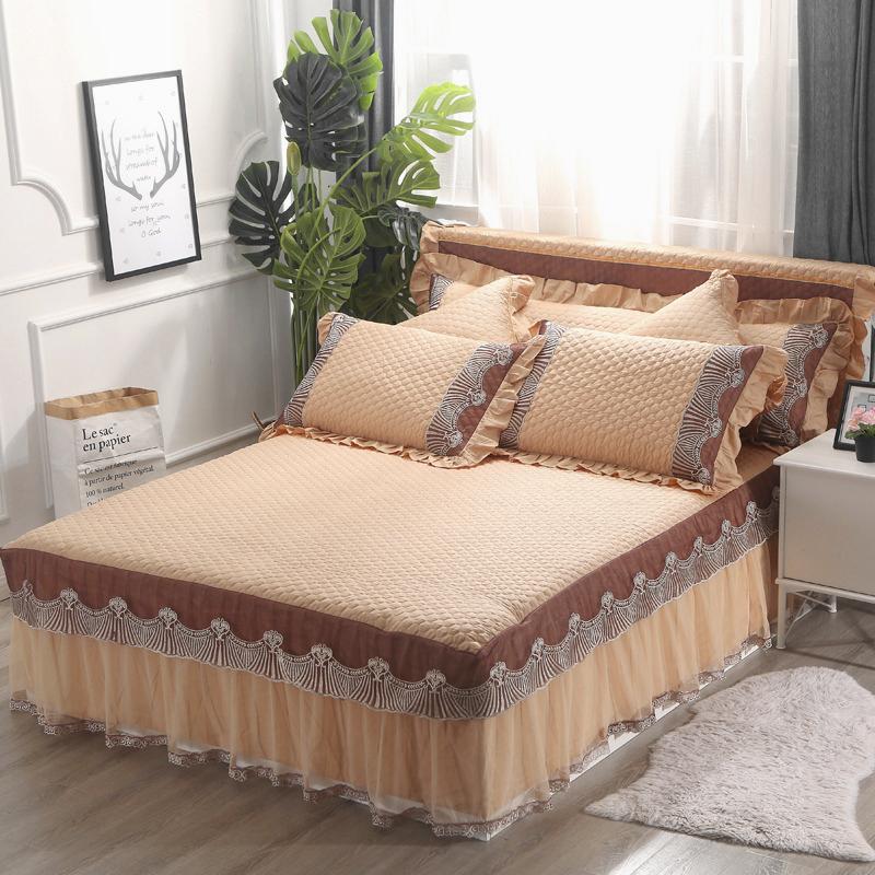 

New 3/5/7Pcs Cotton Solid Color Princess Bed Skirt Sets Thick Quilted Lace Bed Skirt Pillowcases  Size Linen Queen King, Jsy2