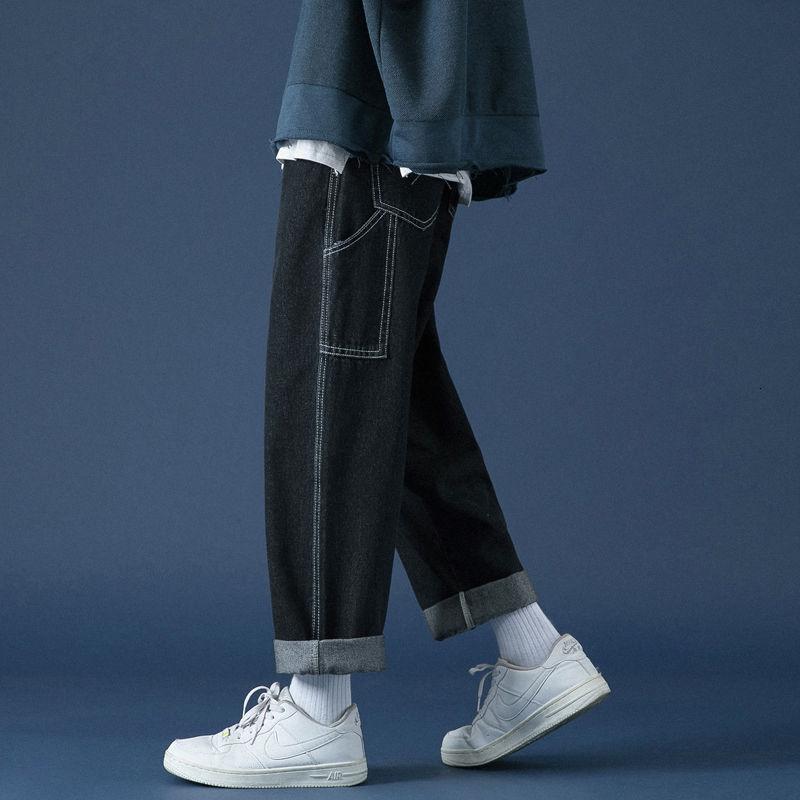 

Men's jeans spring/winter 2021 new slim-fit top-stitch tooling solid color straight-leg pants jeans loose casual men's clothing, Black