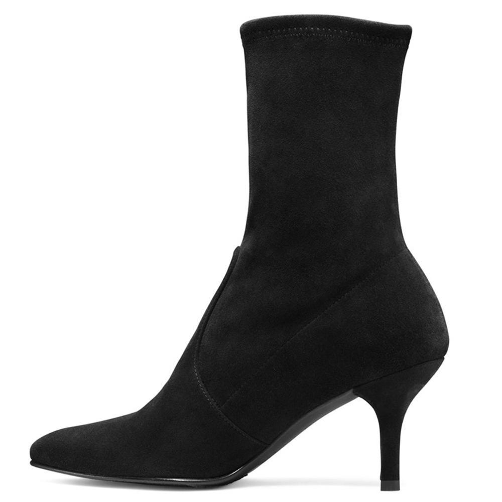 

2021 The New Women's Sock Ladies'sock Boots, Finger-pointing Foot Slides Mid-calf Calf Elastic Suede Kitten Heel Boots 0mmm, Black suede-6.5cm