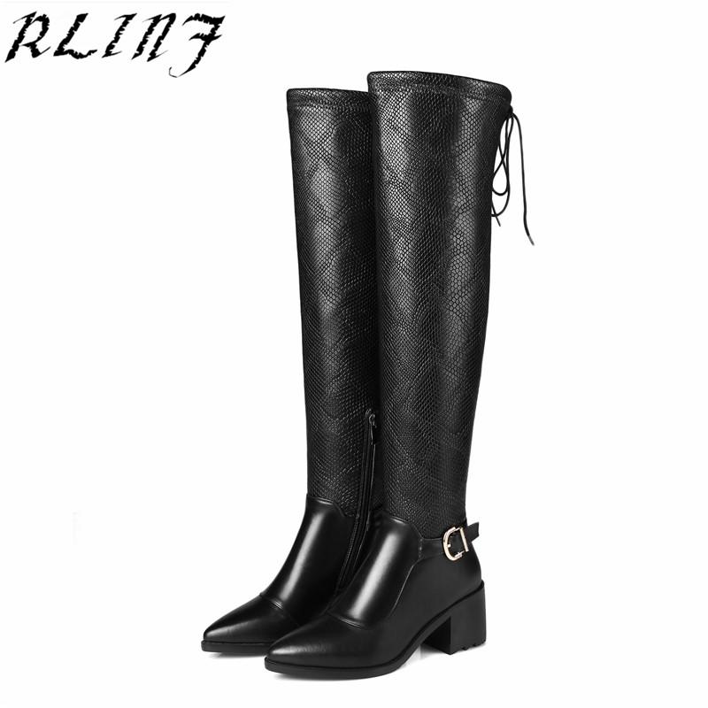 

RLINF Genuine Full Leather Med Heels Winter Boots Thick Over The Knee Boots Large Size 32-45 Buckle, Black