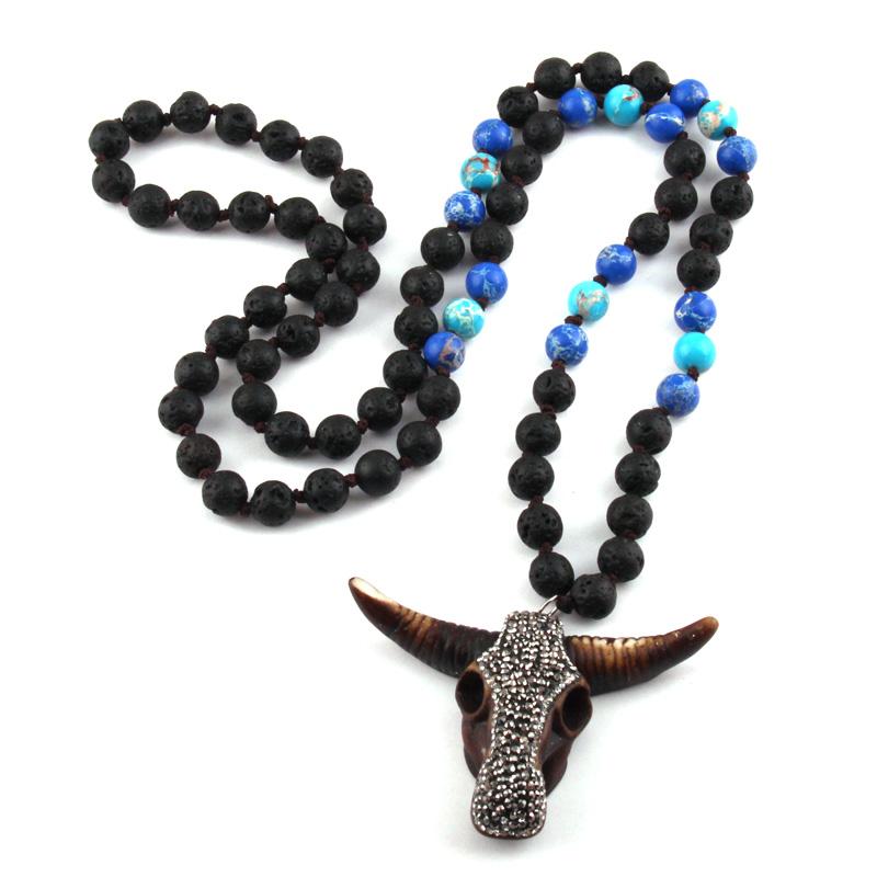 

Fashion Semi Precious Lava Stone Empire Knotted with Crystal Pave Bull Head charm Pendant Handmade Necklace Women Jewelry