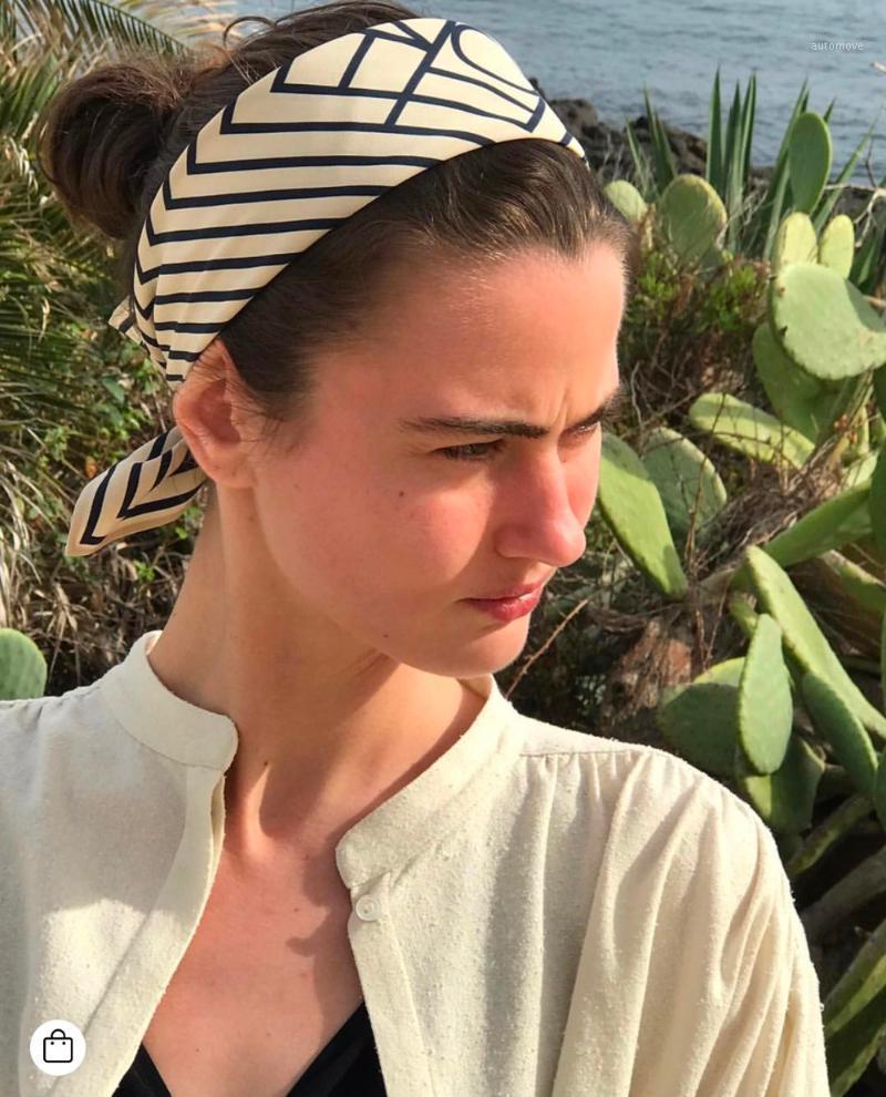 

[ElfStyle] - 57CM San Remo scarf beige Woman 100% silk Stripes Small Square Scarf for Headband Fashion bloggers recommend1