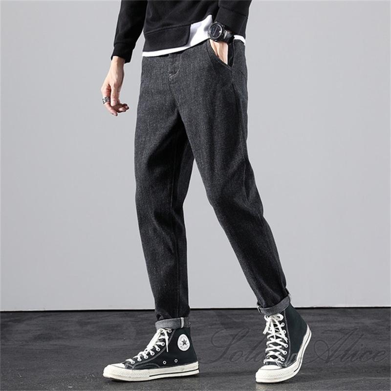 

Free shipping 2020 men's fall/winter new mid-waist fleece brushed small straight-leg jeans slim-fit slacks, Black