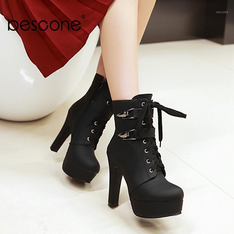 

BESCONE Winter Women Mid-Calf Boots Comfortable Round Toe Platform Metal Decoration Square Heel Shoes Handmade Lady Boots BM3121, Beige