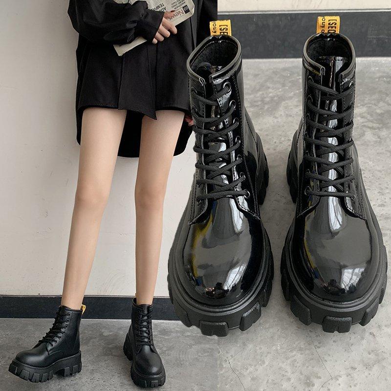 

Winter Leather Boots Women Platform Boots Short Plush Black Bright Leather Punk Ankle Motorcycle Ladies Black Matte Shoes, 2502